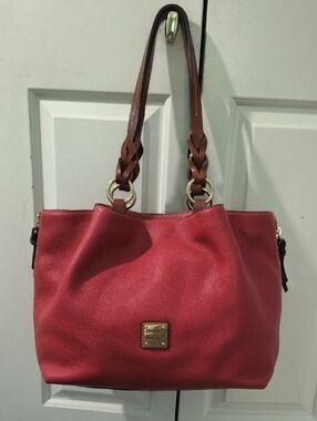 Dooney & Bourke Large Barlow,  Red Pebble Leather Tote with Braided Brown Straps